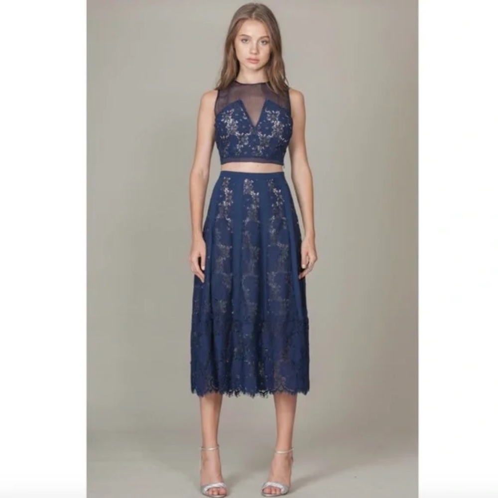 NWT Foxiedox Atiqah Navy Blue Floral Lace Midi Skirt